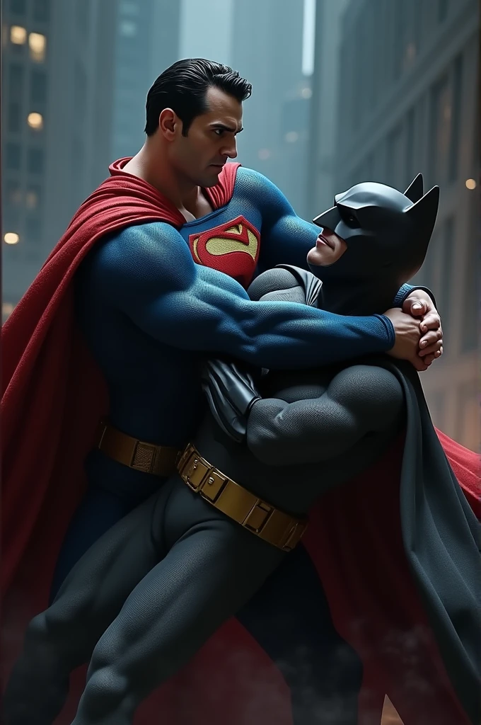 Superman and Batman fight each other in night at bedroom
