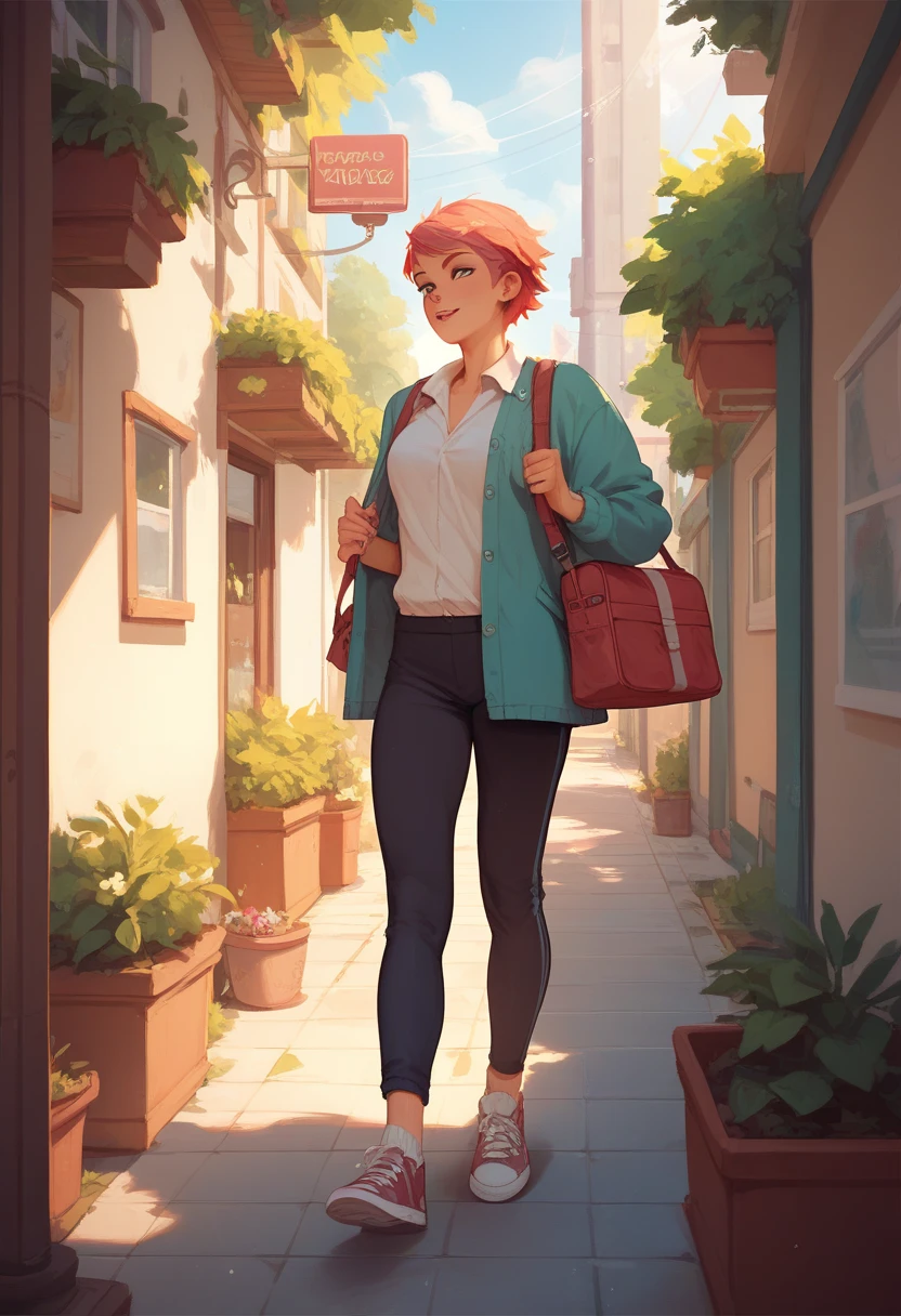 .  short hair, chestnut, student,walking home