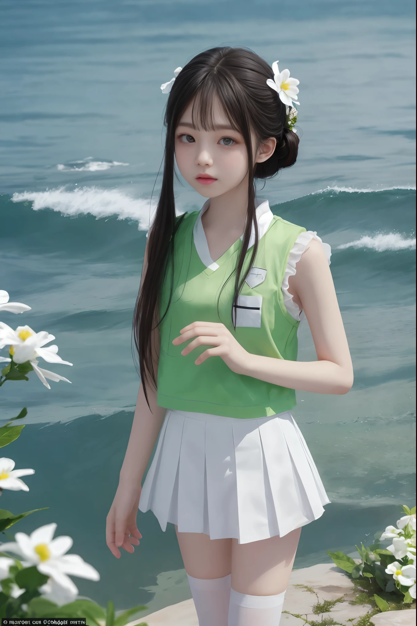 tongyan, a photo of an Asian woman with long dark hair tied in twin ponytails and accessorized with white flower accessories. Her big, shiny eyes under long eyelashes are lovely and charming. She is wearing a light green and red sports vest with white hems and a matching sports skirt, and white mid-length stockings with stains on the knees from a fall. She has fair skin and a petite figure, but large breasts. She stands against a scenic coastal backdrop with clear blue waters and a rocky coastline. The image has a soft, dreamy quality that blends elements of nature and romance.