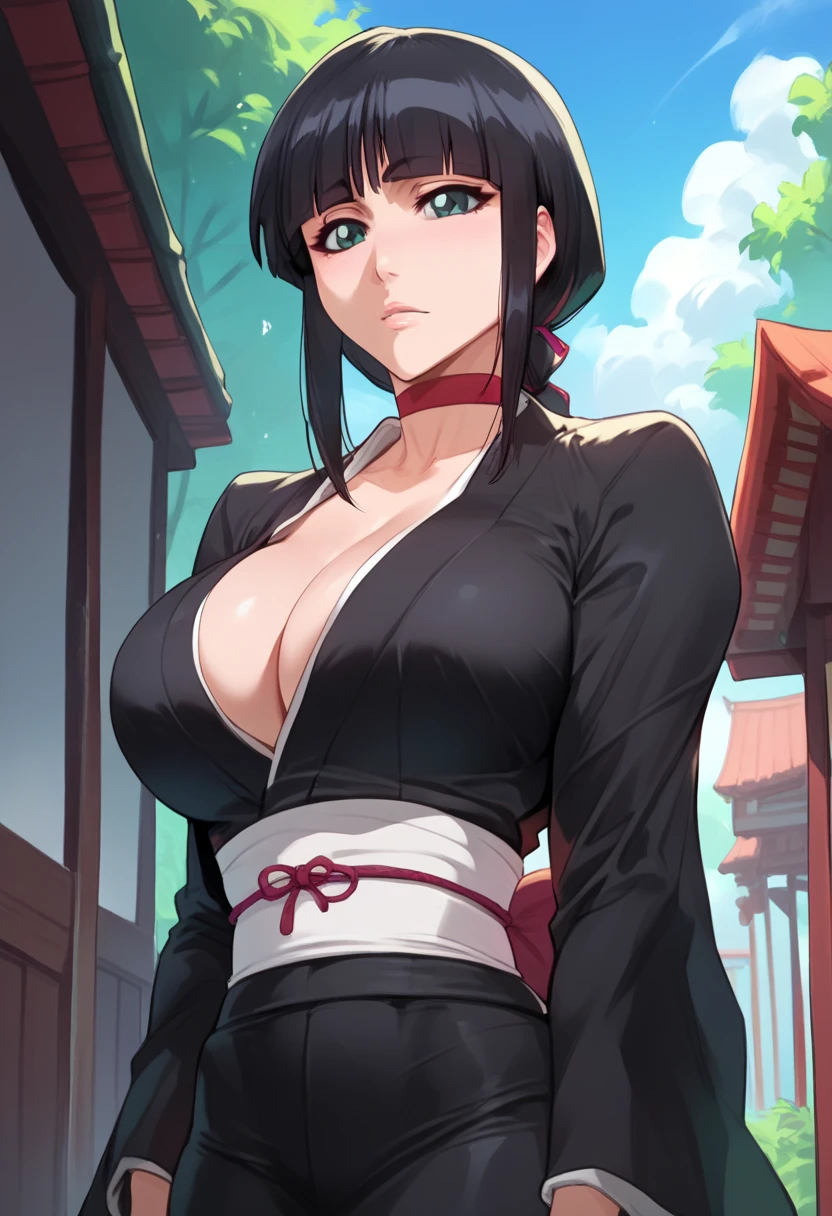 Hyper detailed face, 4k, best quality, Highly detailed, Nemu Kurotsuchi from bleach, black hair, choker, perfectly drawn face, perfectly detailed face, big breasts, cleavage, clothed, wearing tight kimono, black kimono, obi, 