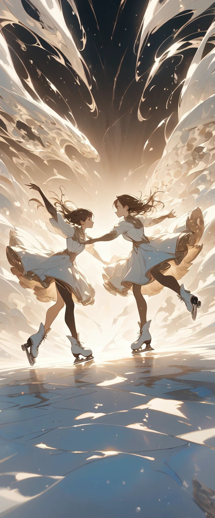 Ice dancing,A pair of two girls are smiling and dancing , wearing skates, DYNAMIC ANGLES, wide angle shot,Sepia illustration art,glowing, break ,masterpiece, accurate, anatomically correct, textured skin, super detail, award winning, 8k