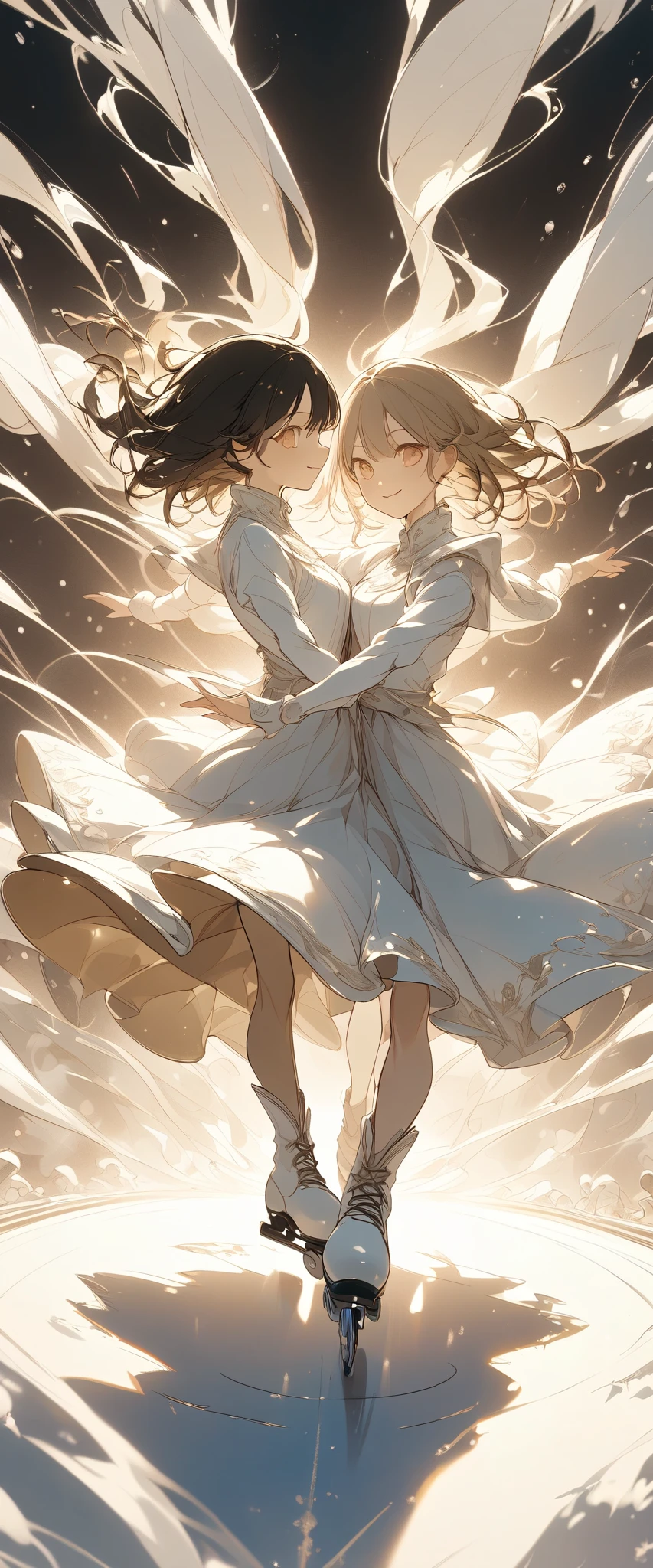 Ice dancing,A pair of two girls are smiling and dancing , wearing skates, DYNAMIC ANGLES, wide angle shot,Sepia illustration art,glowing, break ,masterpiece, accurate, anatomically correct, textured skin, super detail, award winning, 8k