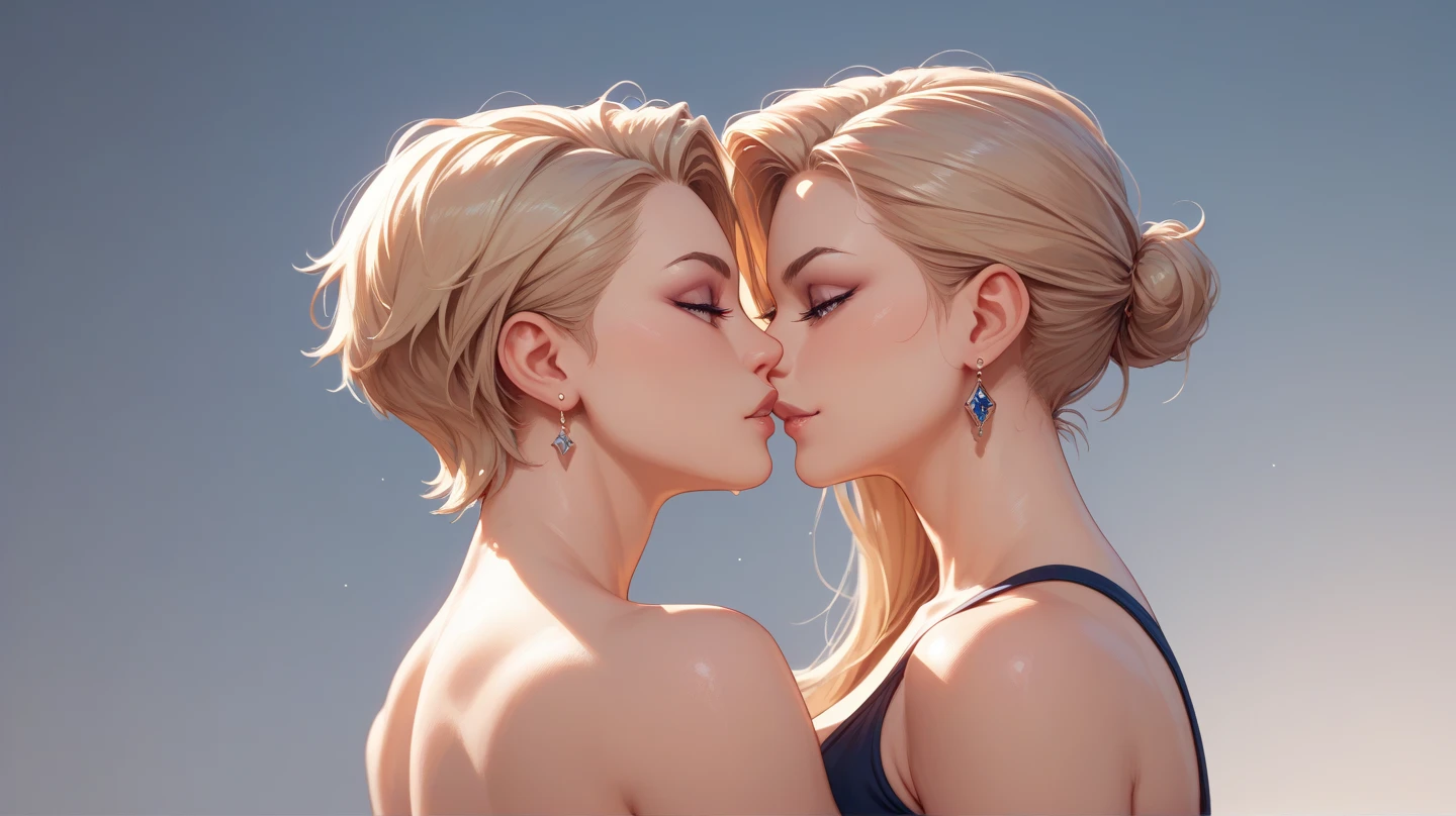 (best quality, 8k, highres, photorealistic:2.0), (two girls:2.0),(lighting: front),(lighting: strong),(ultimate beautiful girl:2.0),(shiny skin),(oily skin),(platinum blonde hair:1.5),Blush brown makeup , dark eye makeup , use pink glossy lipstick,(big eyes girl:1.5),(girl amazing sex appeal:1.5),(lesbian partner:1.5),(two people who love each other very much),(look at each other with a smile:1.5),(Enjoy showing lesbians to your viewers:1.5),(sexy lingerie wear:1.5),(touch each other's bodies:1.5),(flirting boldly),(two girls are sexually excited1.5),(Two people hugging each other fiercely:1.7),(love each other:1.4),(topless woman:1.5)