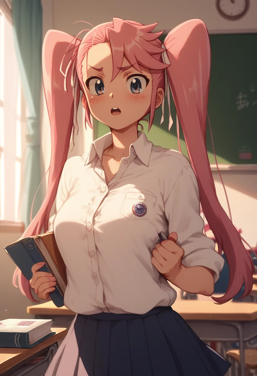 I&#39;m Takagi,  Big Tits, student,  twintails,  pink hair,  blushed, abergonzada, in a room, nervousness