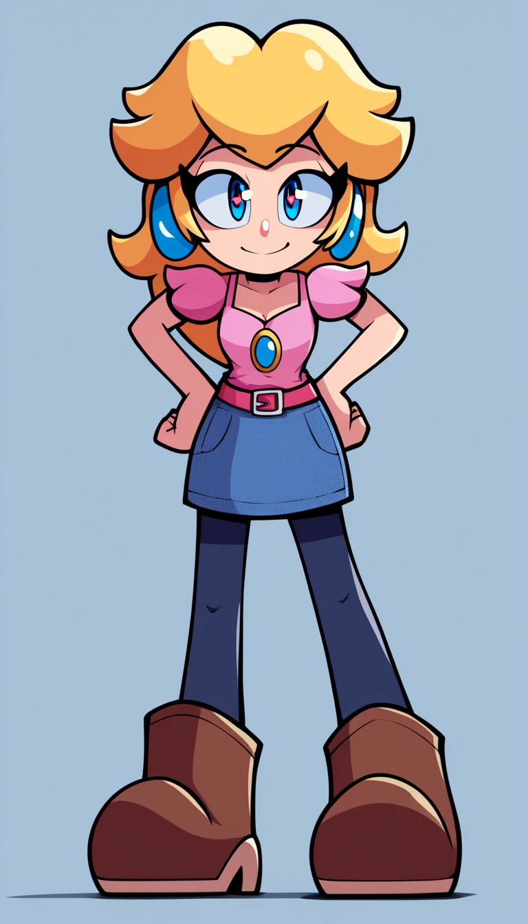 source_anime, anime, absurdres, solo, 1girl, full body, lora:PringleDingle_v2-15:1, Pringus Mcdingus Style, #pringus mcdingus, pringus mcdingus, pringusmcdingus
prngs, princess peach, blond hair, long, denim skirt, pantyhose, pink camisole, short sexy boots,
solo, complete body view, looking at viewer, hanging hair, stand up, standing, from front, Open eyes, shaped pupils, front view, (hands on hips), smile