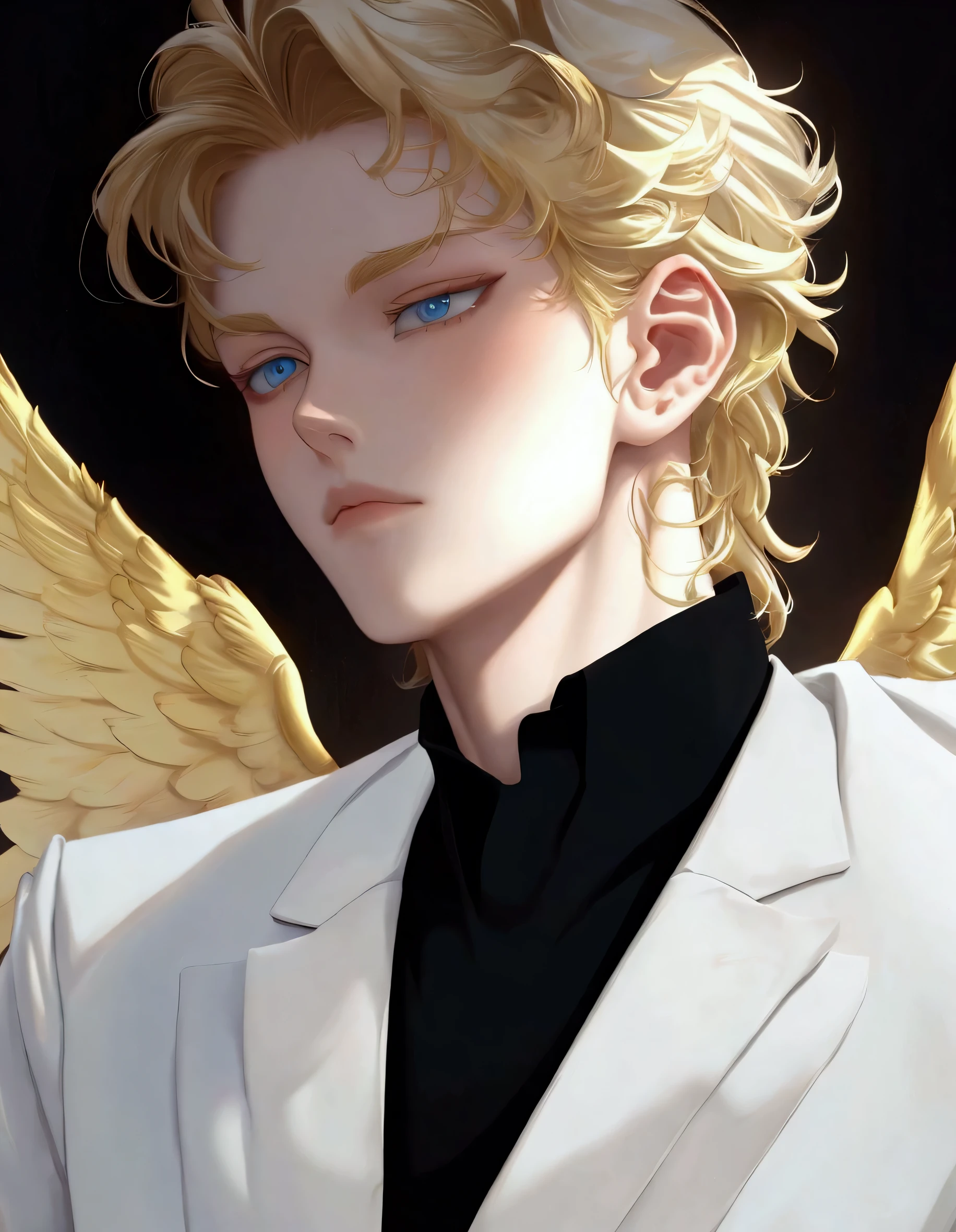 blond haired man in white suit with gold angel wings and black shirt, handsome guy, young wan angel, delicate androgynous prince, beautiful androgynous prince, tall anime guy with light blue eyes, high quality fanart, low angel, made with anime painter studio