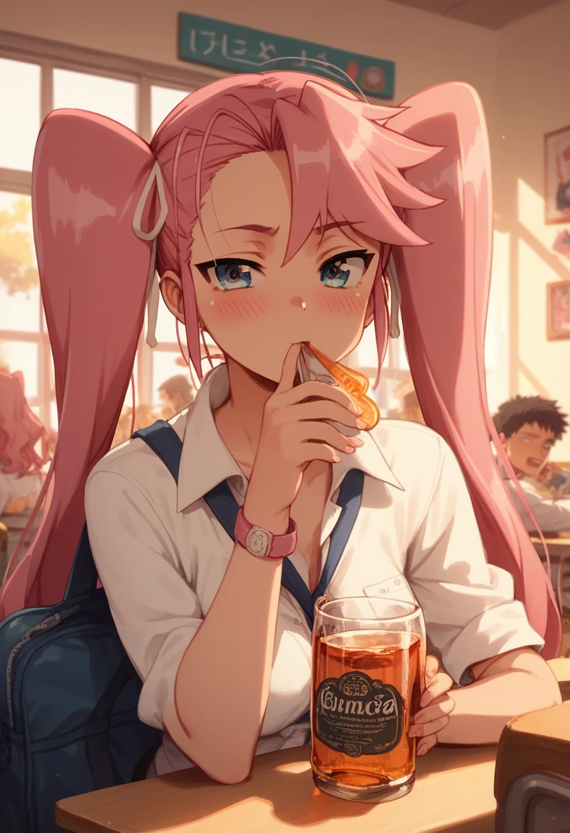 I&#39;m Takagi,  Big Tits, student,  twintails,  pink hair,  blushed, abergonzada,  in a hotel room, nervousness,  drinking alcohol