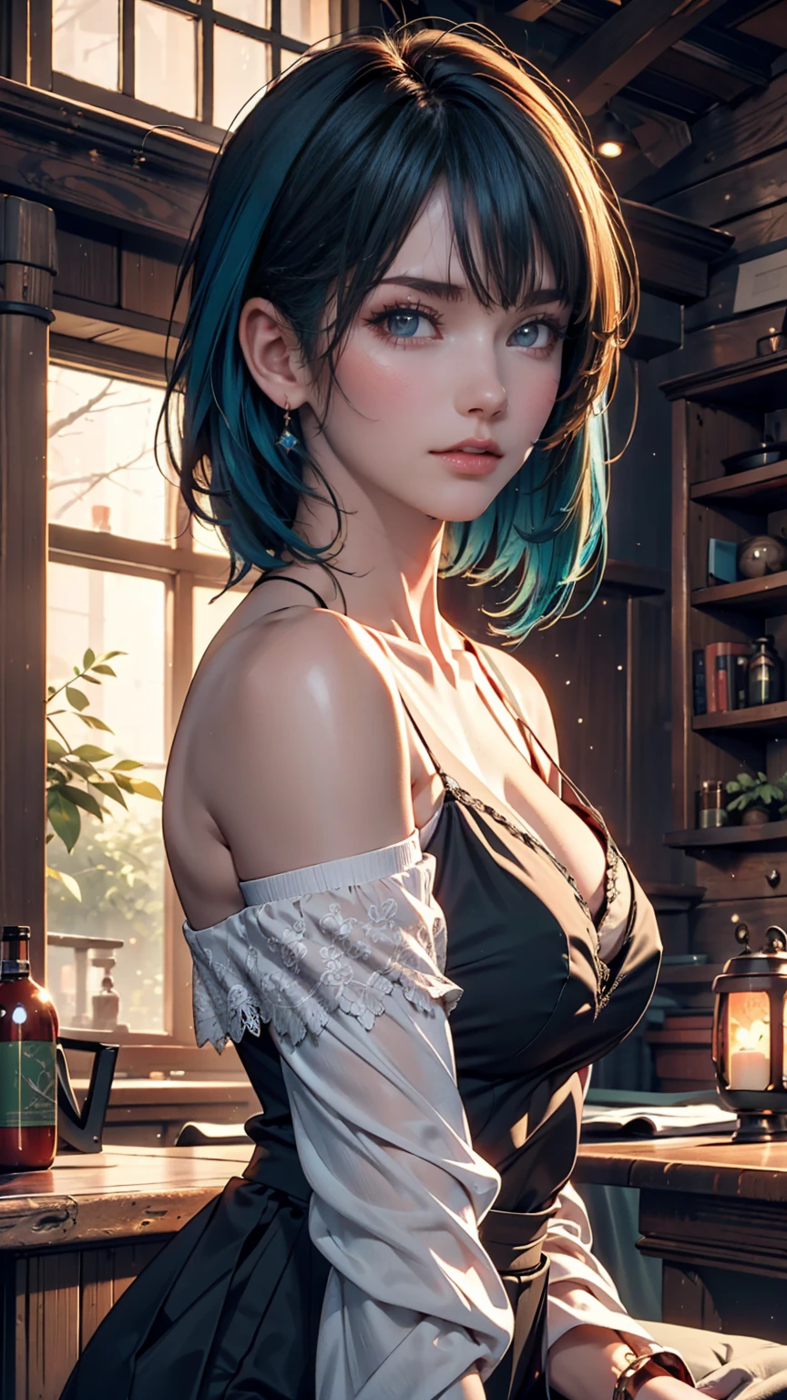 masterpiece, 最high quality, high quality, Very detailed CG uniform 8k wallpaper, One girl, alone, Blue Hair, tattoo, short hair, Have, jewelry, smile, necklace, Looking at the audience, Have, Realistic, Open your mouth, teeth, Upper Body, Best, nose, Exposing shoulders, artist name, Black tiara, clavicle, arm tattoo, blue eyes, lips, Blurry, oil, Award-winning photography, Bokeh, Depth of written boundary, High resolution, bloom, chromatic aberration, realism, Very detailed, artステーション 複雑, Attention to detail, dramatic, art:midjourney
