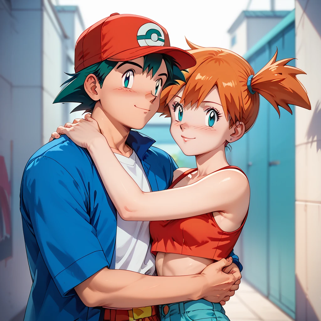 highly detailed, (couple), hetero, (duo focus), highres, 1man, 1woman, BREAK, 1man, ash ketchum, ashpk, red cap, red hat, aged up, handsome boy, good looking boy, lightly toned body, BREAK, 1woman, misty, misty pokemon, misty \(pokemon\), side ponytail, aqua eyes, aged up, small breasts, embracing, looking at viewer,