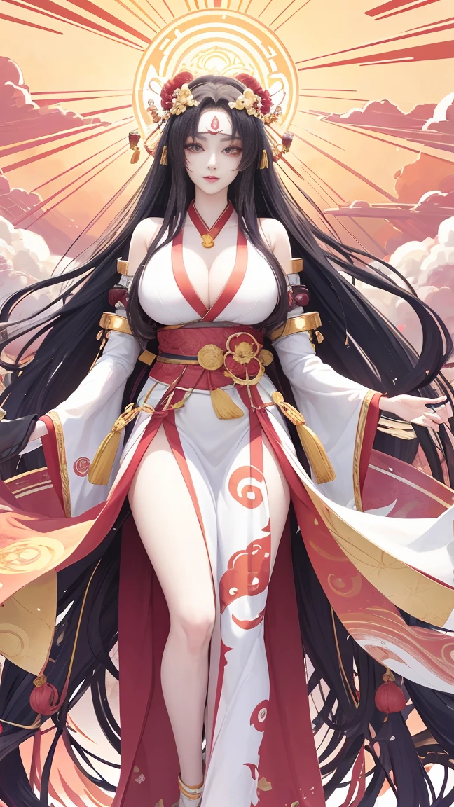 The supreme god of goddesses,  Amaterasu Oomikami ,  My whole body is wrapped in particles of light,  most beautiful ,  anatomically beautiful body , Long black hair,  accurate drawing of hands , Sun, colorful clouds, Seven colored clouds,  Red Sky Like a Sunset ,  best quality,  high definition ,  high image quality,  Masterpiece, 8k, BEST ANIME ART , 