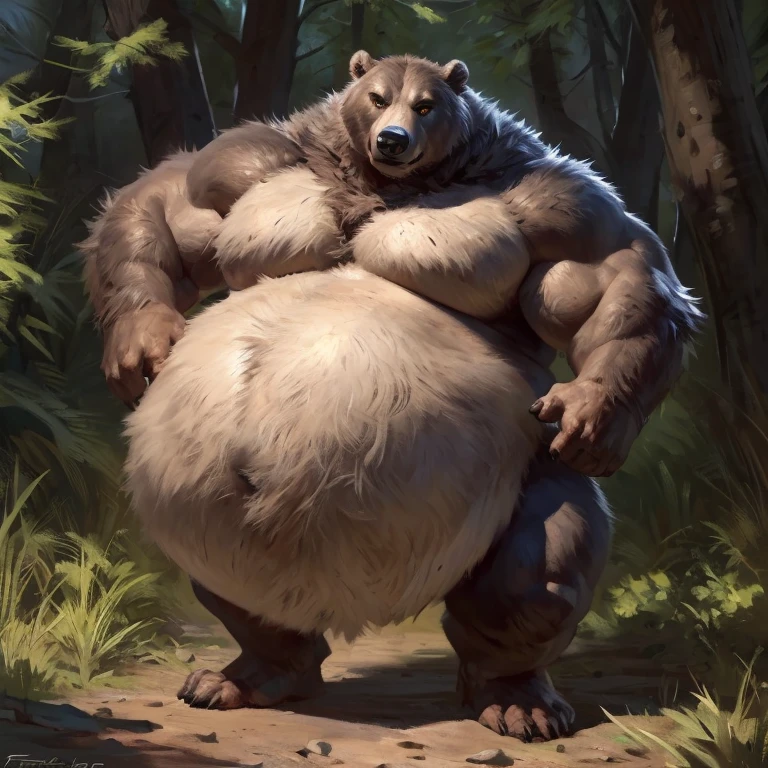 furry, fur taur, beartaur, middle-age, solo, detailed face, bear ears, bear eyes(brown), bear nose(black), bear mouth, full beard(white), mature hair(white), detailed arms, thick arms, muscular, thick hands(5 fingers), detailed body belly, thick body, muscle belly(brown), thick chest, chest hair(black), detailed taur body, thick taur body, thick bear paws, thick bear tail, full body shot, standing, canyon