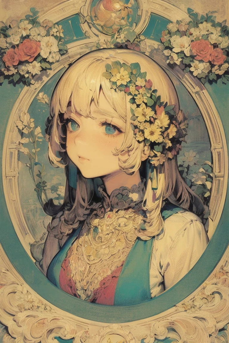 masterpiece, Art Deco,  Portrait of a European Woman's Face, long curly hair,  blonde alone, flowerのフレーム, Decorative panel, Alphonse Mucha (masterpiece,  top quality,  high definition : 1.4),   Details,   intricate details , 4K,  color splash , flower,ahegao