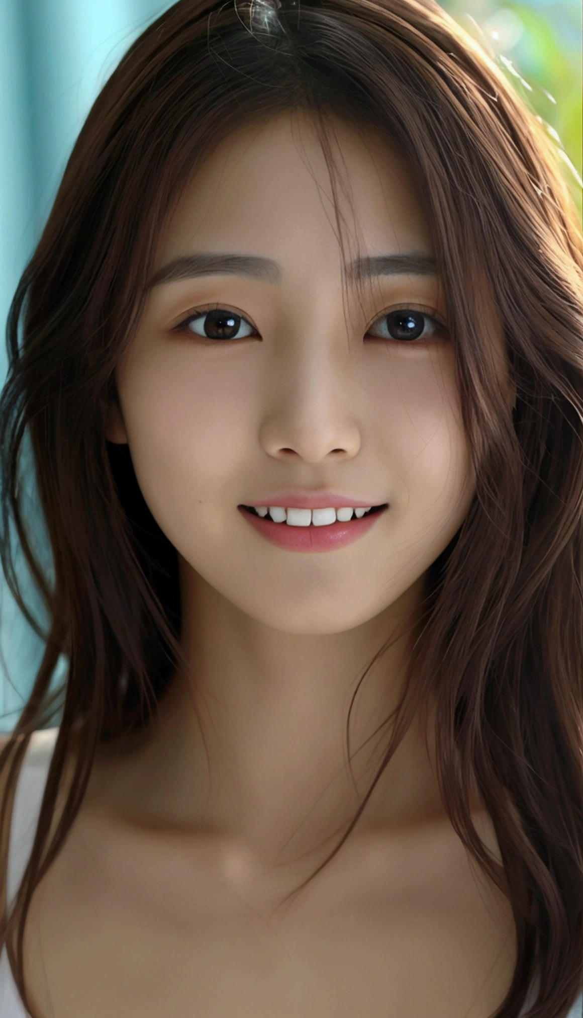 a close up of a woman with a white top and a smile, young adorable korean face, korean face features, beautiful young korean woman, close-up perfect face, face is brightly lit, beautiful south korean woman, glowing porcelain skin, gorgeous young korean woman, woman with porcelain skin, beautiful delicate face, korean woman, asian beautiful face, asian face