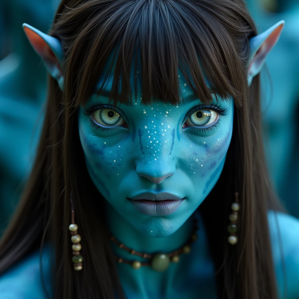 na'vi, na'vi race, avatar, pale teal blue skin, dark brown hair, blue eyes, straight brown hair with bangs, long bangs, bangs covering forehead, no eyebrows