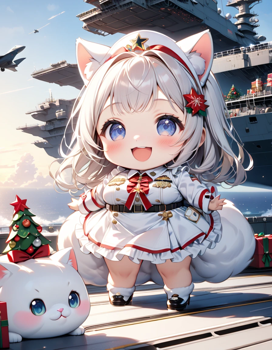 (masterpiece, ultra-detailed, best quality, clear focus, dramatic scene, cinematic), shadow, (ultra-high resolution, 8k), perfect anatomy, perfect face, (detailed face, detailed eye, chibi), cute Japanese chibi girl, famous Japanese chibi idol, very beautiful and cute and cool face, (wearing a gorgeously Christmas decorated very cute military white uniform with frills:1.2), (large breasts),  (She is standing on the huge aircraft carrier with a giant fat cat:1.3), (in front of the fighter jet on the flight deck:1.2), the decorated Christmas gift box and the decorated Christmas trees are on the deck, gorgeously decorated with Christmas decorations, professional lighting, (detailed very cute fluffy giant cat is mewing:1.3), she looks so happy, happy smile, (she is surrounded by many fat chicks:1.2), 