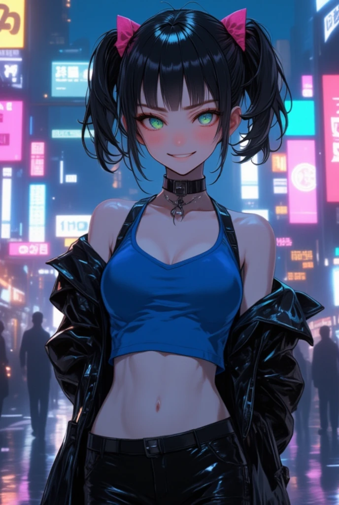 1 person, chromatic aberration, Written boundary depth, Soft Light, masterpiece, Highest quality, complicated, Tone Mapping, A place where fireworks are set off at festivals. Concept Art, Smooth, Clear focus, Dramatic lighting, Very cinematic, super practical painting, アートステーション's trending, 8k, Incredible Shadows, practical, whole body, View, Viewers, Portrait of a Girl 1, standing on street corner, Heavy rain and lightning、Dark Sky, neon and cyber punk background, she is dressed in punk clothing with silver chains and silver spikes, sheの髪は明るい茶色に染められていた.......................Ominous aura of light, smile, punk, ciber punk, Backlight.Fashionable clothes、Friendly dress code: she、sheは、She is wearing a cute blue open back bikini and shorts.。.。...My breasts are a little big.