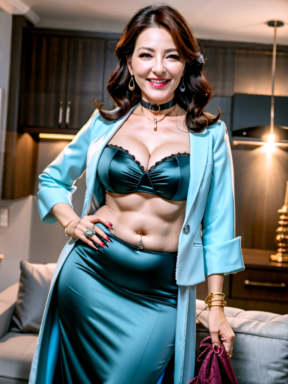 ５８ years old　Mom　MILF　Korean, Lady　large earring　Big choker　　realisitic　Gorgeous Madame Beautiful Mature Woman　sexy　Smile　Gentle woman navel piercing　４K　High quality 