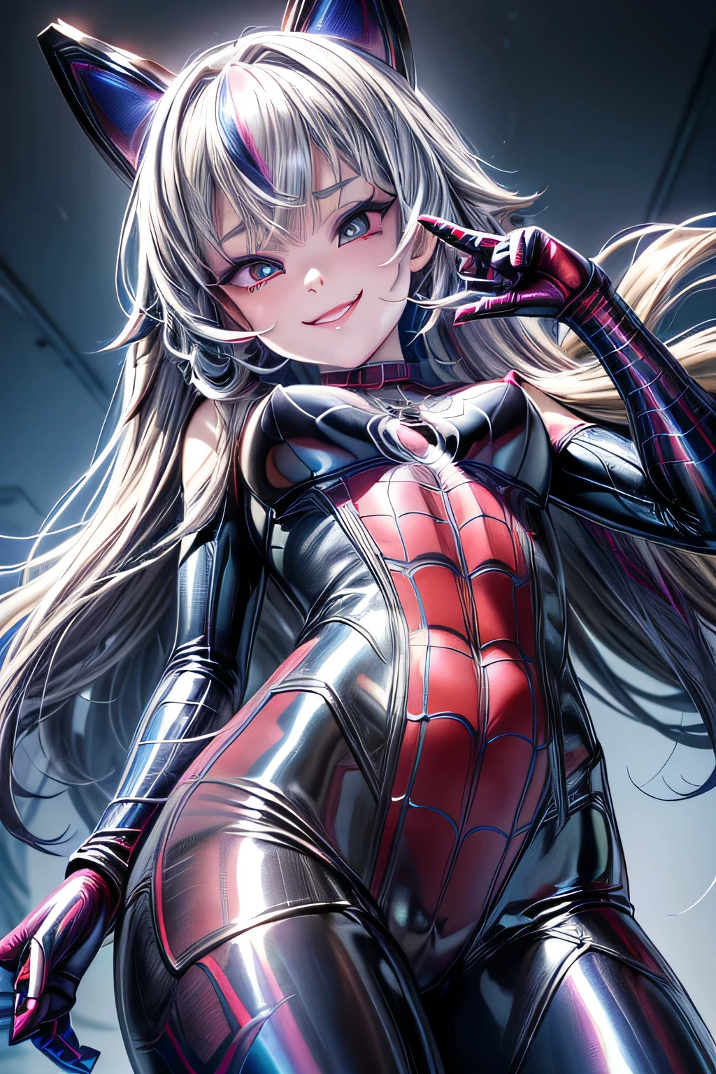 (sexy girl:1.65),( Sexy BODY:1.4),(greasy dark skin :1.8), 1 young beautiful woman,(masterpiece:1.3, top quality :1.3, very detailed depiction:1.3, Incredible High Definition :1.3,High quality anime drawings),(arachne:1.5, shiny latex skin、 high school girl uniform with the upper half tied ),( red eyes,Vertically drawn pupils, half-closed eyes:1.3, huge boobs, seductive smile,Glossy lipstick, flashy makeup,Seductive gestures,Curvy Body,High quality skin,),spider legs,spider&#39;s Thread, spider webs ,(arachne girl:1.5, dribs and drabs, spider legs:1.5)、(Spider Torso  ), (oily skin,  Beautiful Woman's Face)