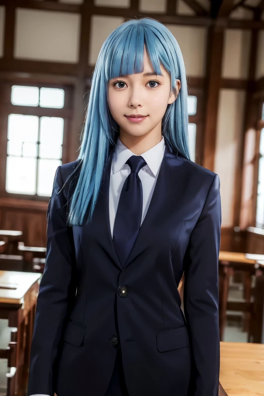 (extremely detailed CG unity 8k wallpaper),(masterpiece),(best quality),(ultra-detailed),(best illustration),(best shadow),(absurdres), Kasumi, 1girl, solo, blue hair, necktie, long hair, blue eyes, bangs, jacket, shirt, looking at viewer, formal, suit, white shirt, black necktie, blunt bangs, upper body, collared shirt, indoors, blazer, school uniform, long sleeves, straight hair, wing collar, smile, classroom