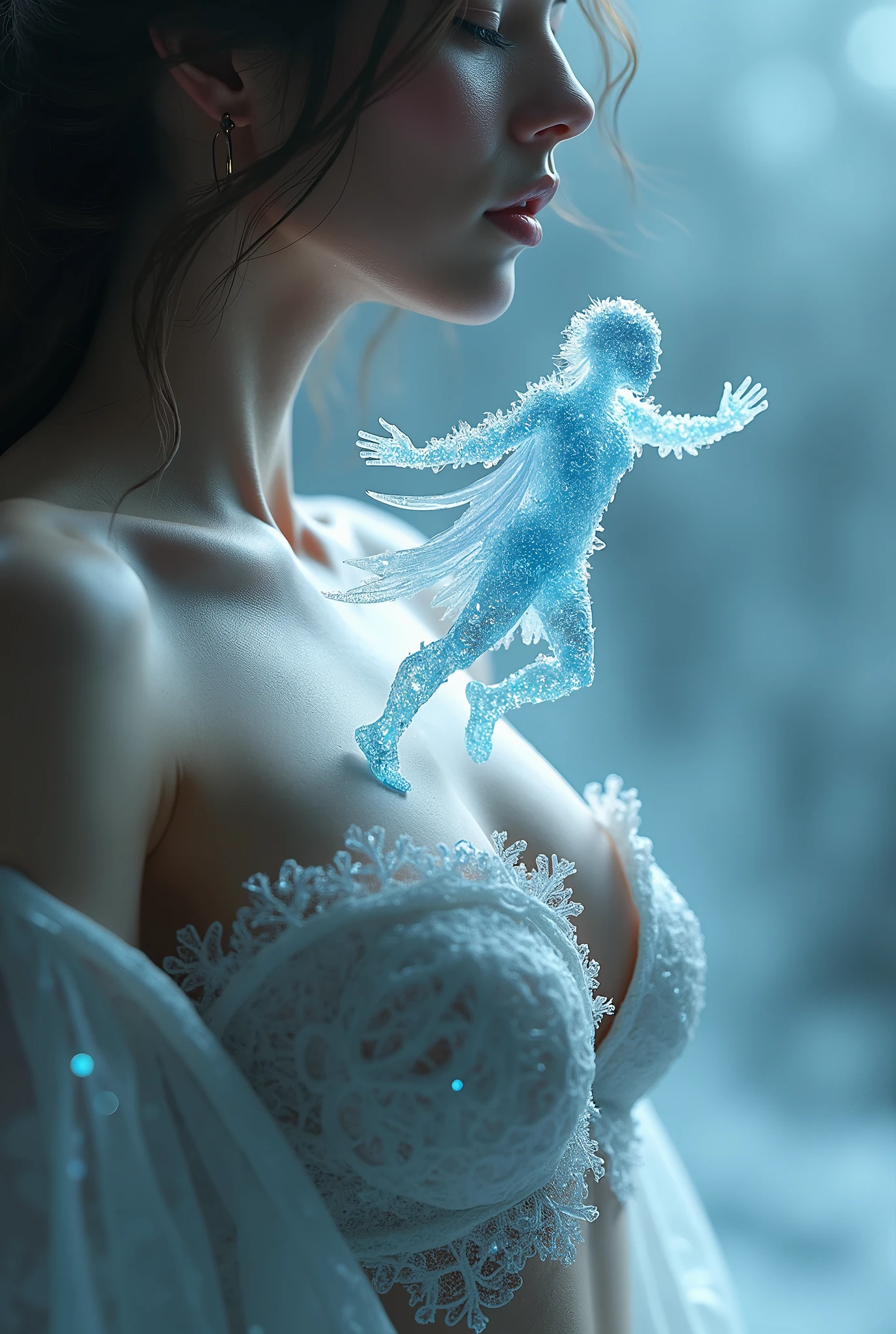 Ice element puppet creature dancing on girl of breasts,