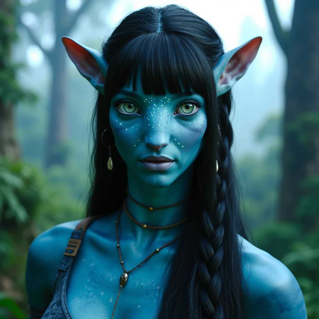 na'vi, na'vi race, avatar, pale teal blue skin, dark hair, blue eyes, straight dark hair with bangs, long bangs, bangs covering forehead, no eyebrows, hair pulled back in a braid