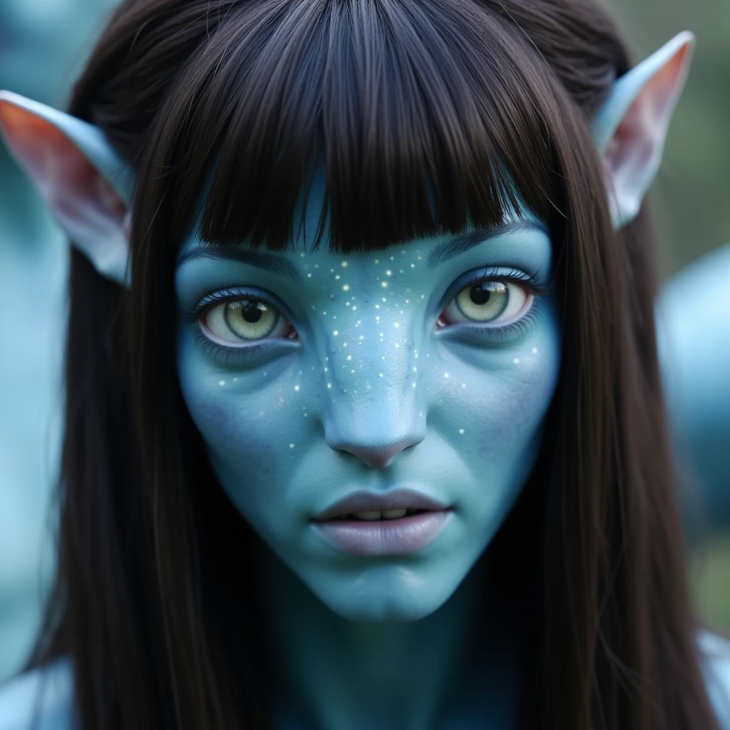 na'vi, na'vi race, avatar, pale teal blue skin, dark brown hair, blue eyes, straight brown hair with bangs, long bangs, bangs covering forehead, no eyebrows