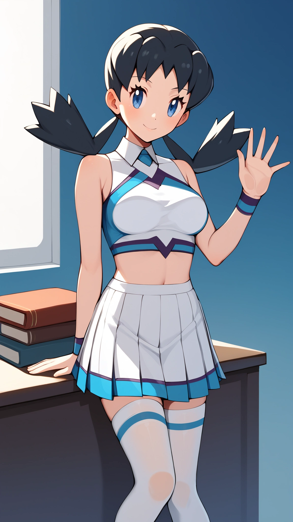 blue-black hair color,  Twin Tails ,  long hair,  blue eyes, Cheerleader Costume,  white sleeveless shirt,  white pleated mini skirt ,  white knee-high stockings reflective on glass floors,  absolute domain,  Tall, Anime Coloring Book,  viewers of the pin, 1 Female, Age 18,  standing with different breasts , whole body, Place one hand on hip, Ample breasts,  slim figure,  sexy smile,  Seductive Smile , orange laces ,  break 1 girl sitting, (\ Pokémon\), indoor, indoor, Two legs,