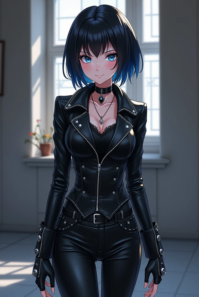 realistic, (best quality, masterpiece:1.3),
expressionless,1man,solo,male,muscular,mature male, silver short hair, gery facial hair,sitting,water,flower field,nature light and shadow,depth of field, long multicolored black hair, hair covering one eye, black jacket, heterochromatic eyes, pale skin, gothic bracelets, black pointed heels, black pants, eyes visible through hair, 1 girl, earrings, black pants, cleavage, spiked choker,