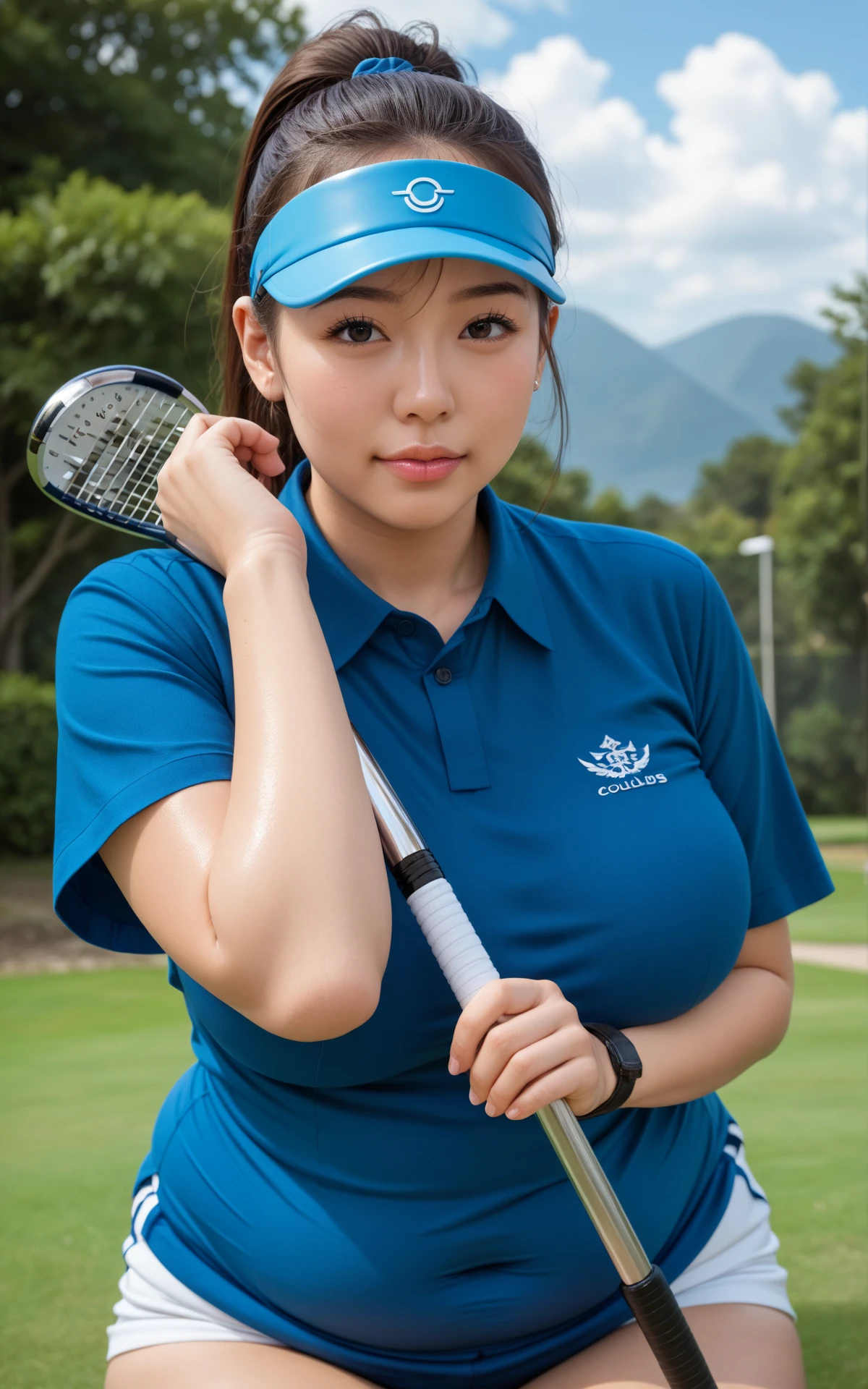 quality_masterpiece, Ridiculous Results ,  anatomically correct、Female Golfer、metal golf clubs with thin shafts、Now playing、膝上丈の miniskirtが体にフィットし、Beautiful legs 、 The background is a blue sky and a large golf course 、 sun visor、Thighs、 very detailed and beautiful face and eyes,  attractive face ,  ****-faced face,  detailed skin,  ponytail hair、 super huge tits,  shiny skin,  oily skin ,   oiled skin、 Curvy、solo focus,  navy blue polo shirt、 miniskirt、Chubby