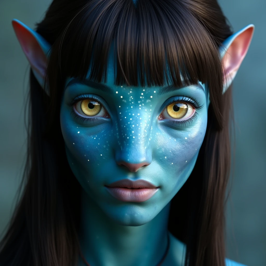 na'vi, na'vi race, avatar, pale teal blue skin, dark brown hair, blue eyes, straight brown hair with bangs, long bangs, bangs covering forehead, no eyebrows