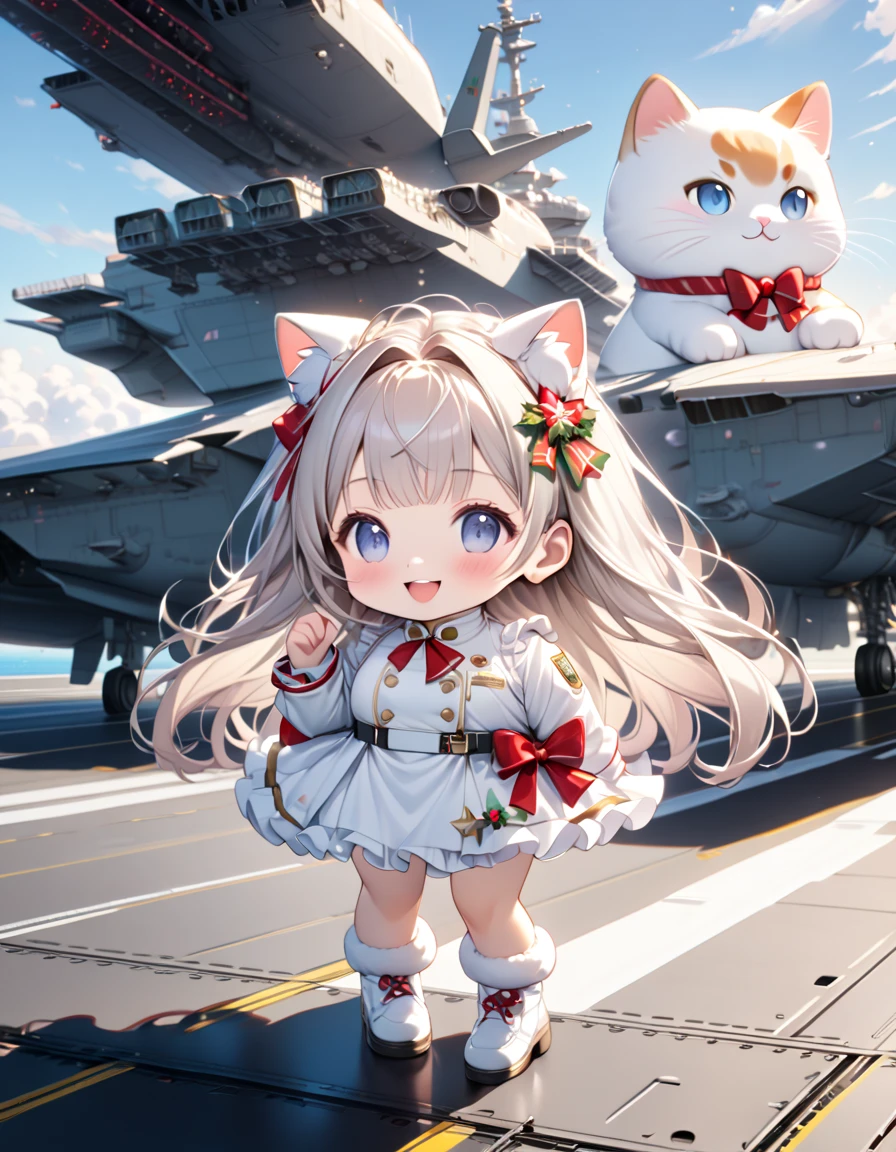 (masterpiece, ultra-detailed, best quality, clear focus, dramatic scene, cinematic), shadow, (ultra-high resolution, 8k), perfect anatomy, perfect face, (detailed face, detailed eye, chibi), cute Japanese chibi girl, famous Japanese chibi idol, very beautiful and cute and cool face, (wearing a gorgeously Christmas decorated very cute military white uniform with frills:1.2), (large breasts),  (She is standing in front of the fighter jet on the flight deck of the huge aircraft carrier with a giant fat cat:1.3), the decorated Christmas gift box and the decorated Christmas trees, gorgeously decorated with Christmas decorations, professional lighting, (detailed very cute fluffy giant cat is mewing:1.3), she looks so happy, happy smile, 