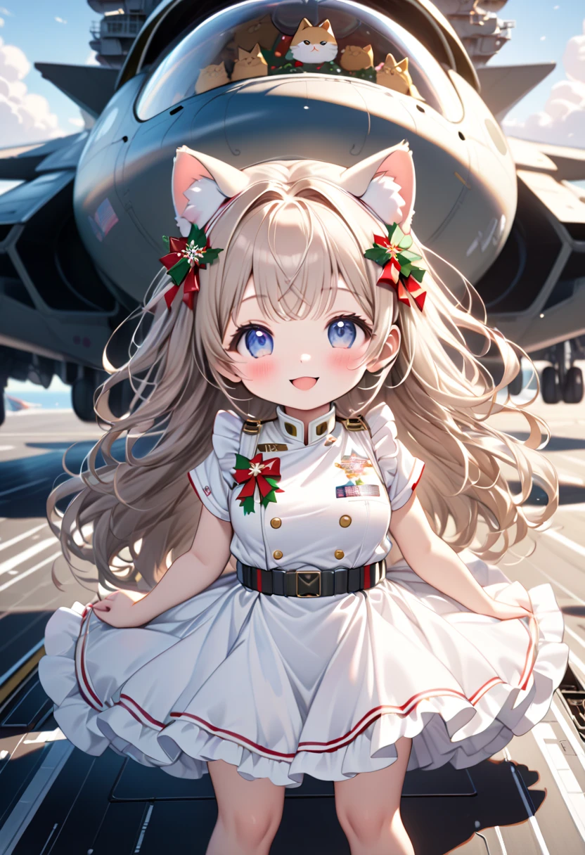 (masterpiece, ultra-detailed, best quality, clear focus, dramatic scene, cinematic), shadow, (ultra-high resolution, 8k), perfect anatomy, perfect face, (detailed face, detailed eye, chibi), cute Japanese chibi girl, famous Japanese chibi idol, very beautiful and cute and cool face, (wearing a gorgeously Christmas decorated very cute military white uniform with frills:1.2), (large breasts),  (She is standing in front of the fighter jet on the flight deck of the huge aircraft carrier with a giant fat cat:1.3), the decorated Christmas gift box and the decorated Christmas trees, gorgeously decorated with Christmas decorations, professional lighting, (detailed very cute fluffy giant cat is mewing:1.3), she looks so happy, happy smile, 