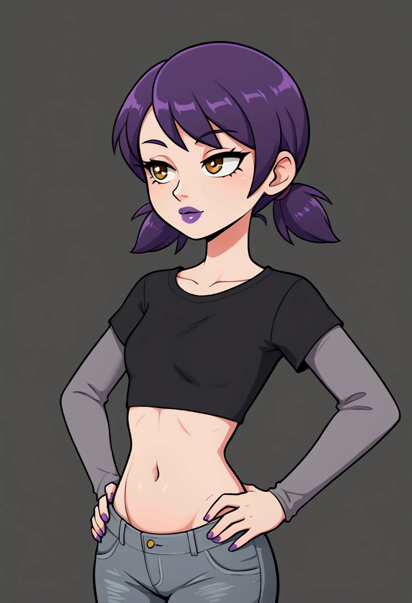 1girl, purple hair, short twintails, gray jeans, taut black t-shirt, long gray sleeves, crop top, midriff, belly, navel, purple lipstick, hands on hips