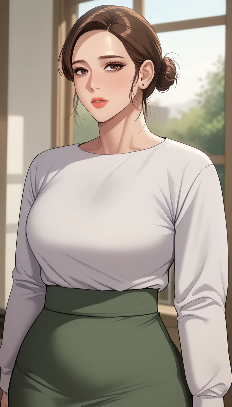 (masterpiece, best_quality:1.2), 1girl, solo, mature female, a1m33, brown hair, hair bun, (housewife:1.5, casual clothes, skirt, long sleeves), beautiful eyes, female focus, large breast, wide hips, looking at viewer, ((close up shot)) ((solo)) detailed, very high resolution, no blurry image, (cowboy shot), standing, beautiful, serene expression, intricate details, detailed background, indoors