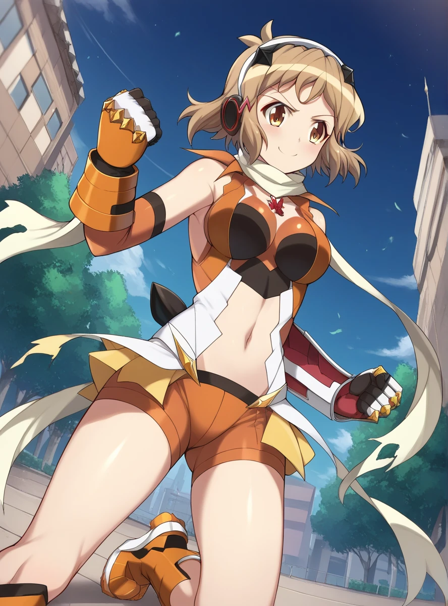  tachibana hibiki (symphogear),short hair, 1girl, brown hair, hairclip, brown eyes,gloves, headphones, scarf, gauntlets,(navel cutout),blush,smile, torn clothes, fist pose ,Hide your chest, pants, kneeling , low angle,Butt,