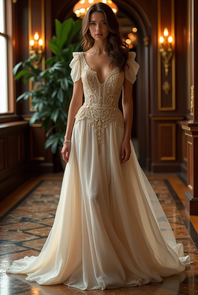 Fashion long runway satin ivory dress in a heavenly Oxford library worn by a south asian girl. There are pearls on the bust of the dress. The girl has flowers and pearl in her hair.