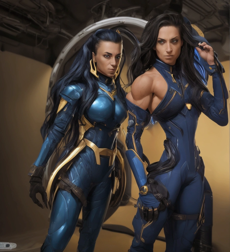 Sci-fi | dark blue skin | yellow eyes | woman | long blue hair | General outfit pants jacket shirt gold white blue| Galactic ship in space background | standing with hands behind back | woman | serious Expression | no sexualized outfit | cinematic | detailed | best quality | pointy ears and blue horns | muscular buff full body | presenting masculine woman | Butch lesbian | full body photo |