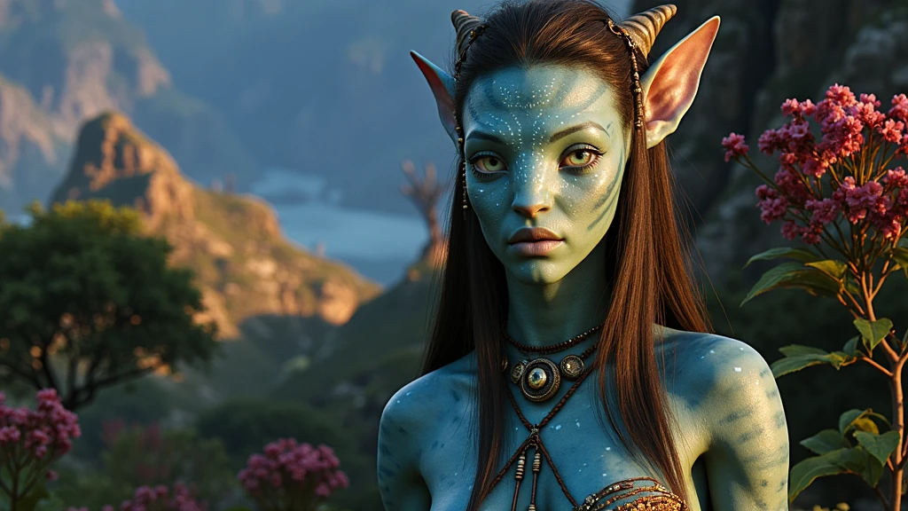 na'vi, na'vi race, avatar, pale teal blue skin, dark brown hair, blue eyes, straight brown hair with bangs, long bangs, bangs covering forehead, no eyebrows, lots of blue stripes and facial markings