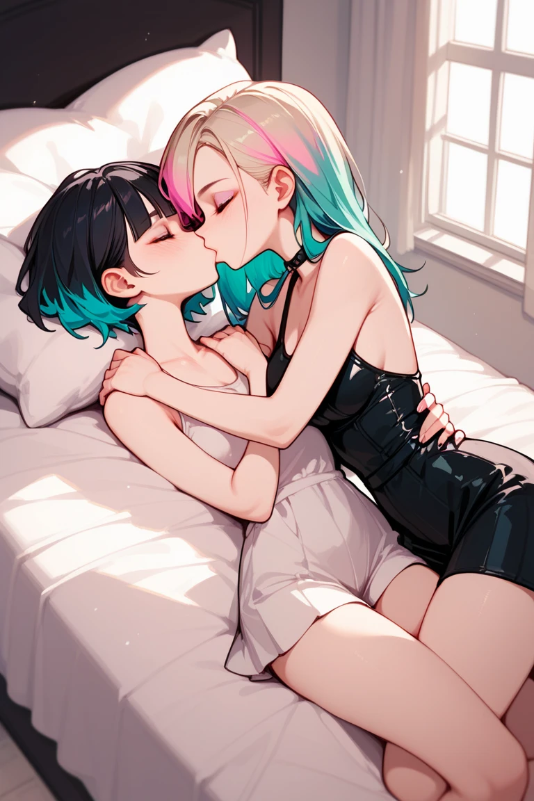 2 Cute anime girls on bed, long straight fade dyed hair kissing 