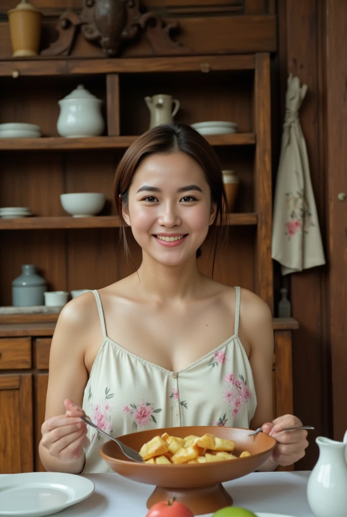 An Indonesian woman, wear a sleeveless nightgown with floral print, sitting on the dining table at the kitchen enjoying breakfast, Village atmosphere, realistic photography. look at the viewer,