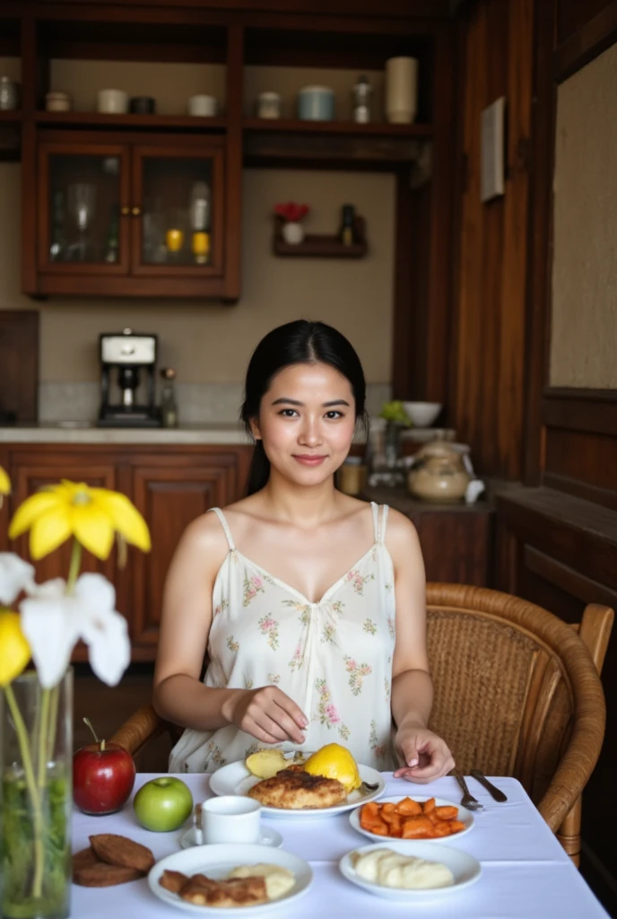 An Indonesian woman, wear a sleeveless nightgown with floral print, sitting on the dining table at the kitchen enjoying breakfast, Village atmosphere, realistic photography. look at the viewer,