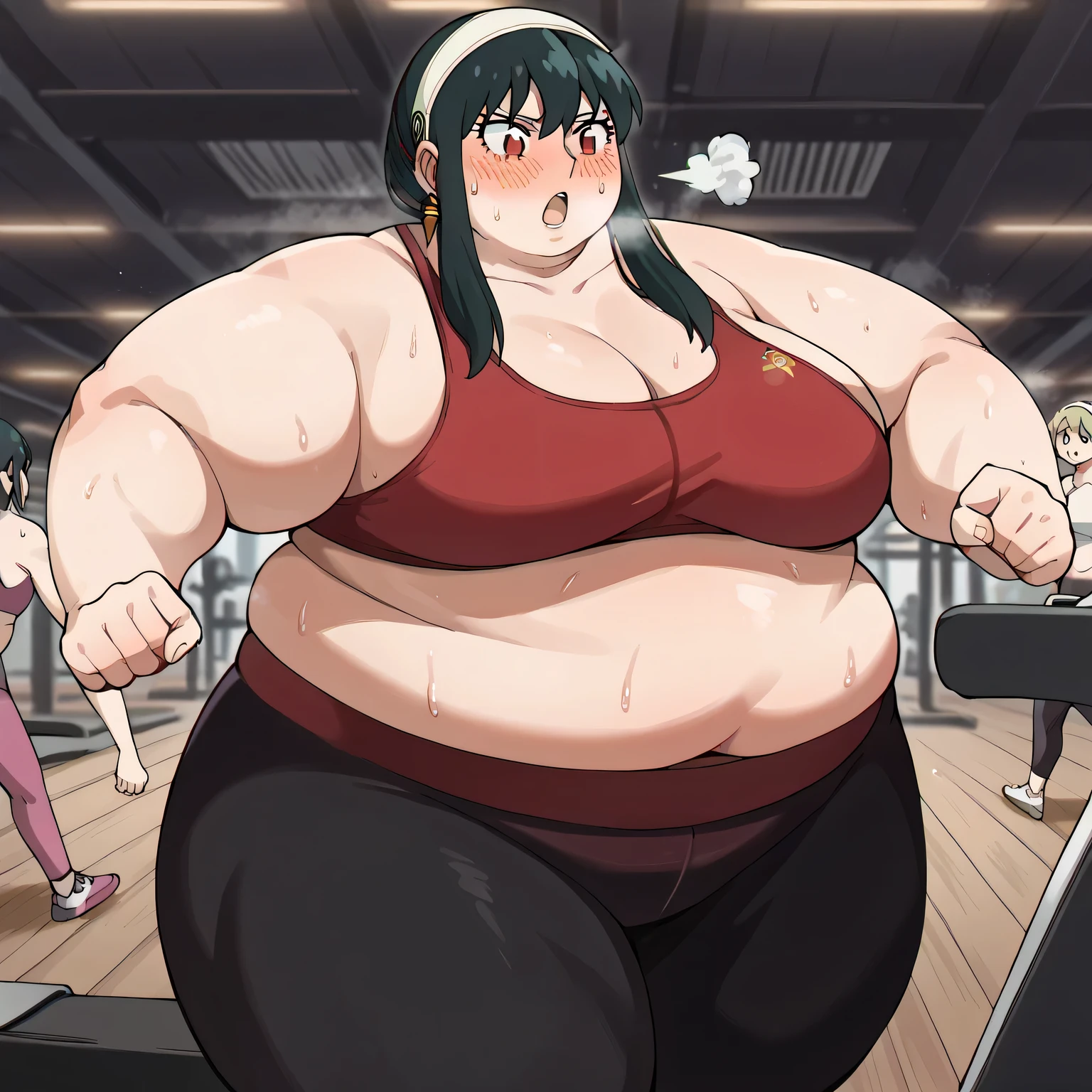 score_9, score_8_up, score_7_up, source_anime, yorbriar, yor briar, black hair, red eyes, earrings, white hairband, hairband, long hair, sidelocks, medium breasts,, treadmill, exercising, exercise machine, running,, yoga pants, sports bra, steam, open mouth, sweat, blush, gym,, cowboy shot, fat, chubby, obese, gigantic arms and legs, large breasts open mouth, out of breath