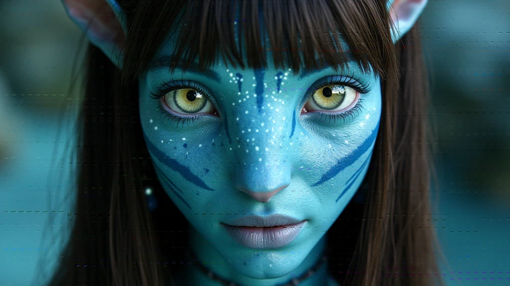 na'vi, na'vi race, avatar, pale teal blue skin, dark brown hair, blue eyes, straight brown hair with bangs, long bangs, bangs covering forehead, no eyebrows, lots of blue stripes and facial markings