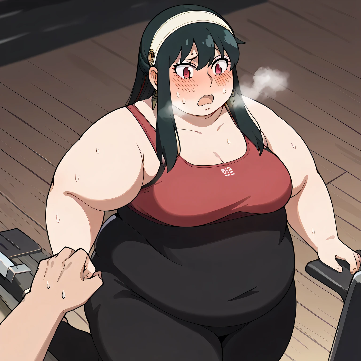 score_9, score_8_up, score_7_up, source_anime, yorbriar, yor briar, black hair, red eyes, earrings, white hairband, hairband, long hair, sidelocks, medium breasts,, treadmill, exercising, exercise machine, running,, yoga pants, sports bra, steam, open mouth, sweat, blush, gym,, cowboy shot,swollen face, fat, chubby, obese, open mouth, out of breath, absurdres, highres icon, rating:General, confused, blush, {flustered}, nervous sweating, portrait, pov hands, hand on another's cheek, averting eyes, [looking away], straight-on, from above,  upper body, masterpiece, best quality, ultra-detailed, high resolution, 8K, 