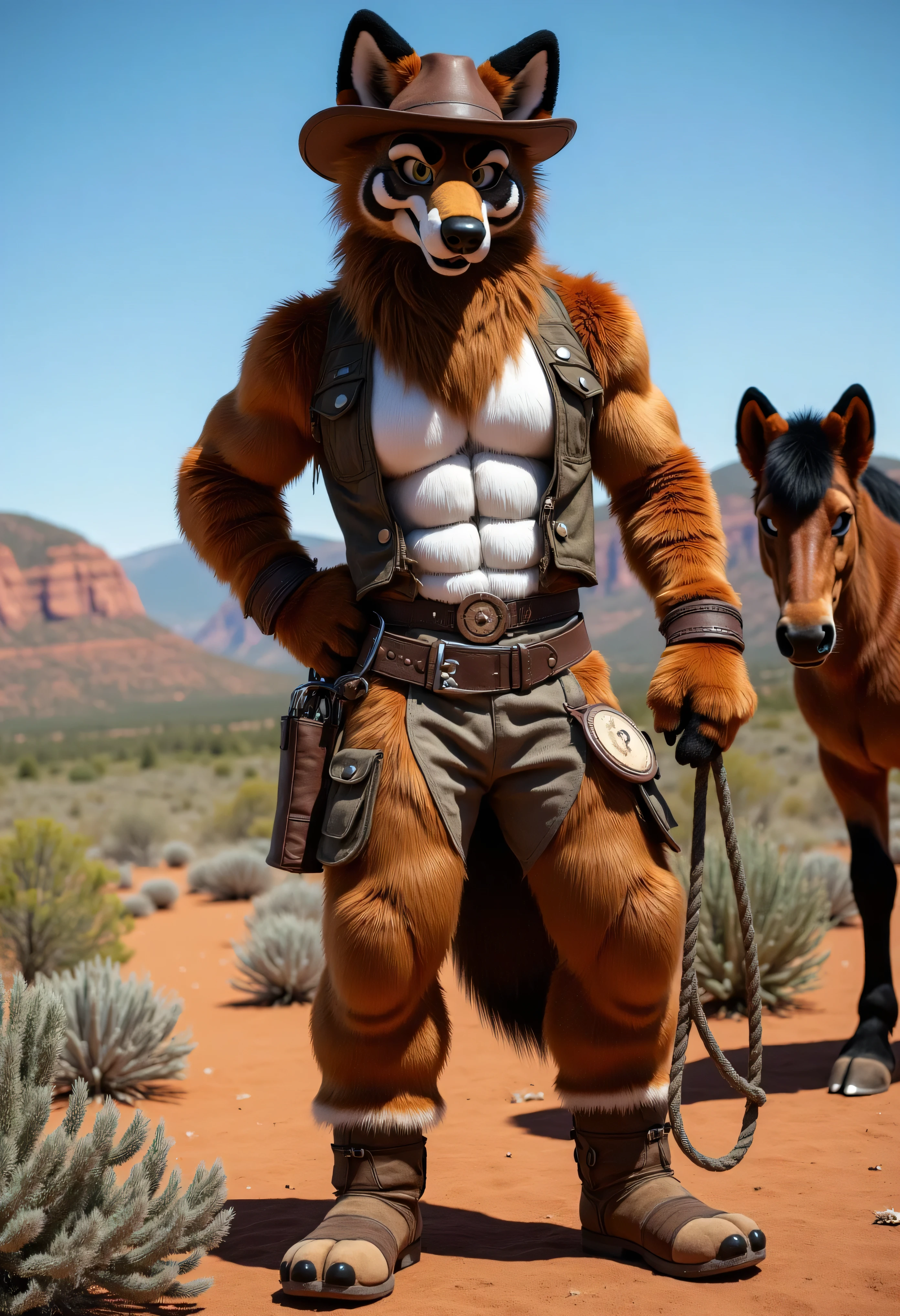 "Anthropomorphic maned wolf male, muscular and adult, with reddish-brown fur, long black legs, and sharp amber eyes. He’s dressed as a Brazilian cowboy (vaqueiro): a leather hat, a vest, and chaps over sturdy boots. He holds a lasso in one paw and stands confidently next to a horse.  

Background: the wide-open countryside of the Sertão, with dry brush, cacti, and a vast blue sky. The wolf stands tall, embodying the resilience and strength of Brazil’s rural workers.  

Style: hyperrealistic 3D, cinematic realism, rendered in Ultra HD 8K. The details of the maned wolf’s unique fur, the textures of his clothing, and the rugged beauty of the Sertão are brought to life with stunning depth."