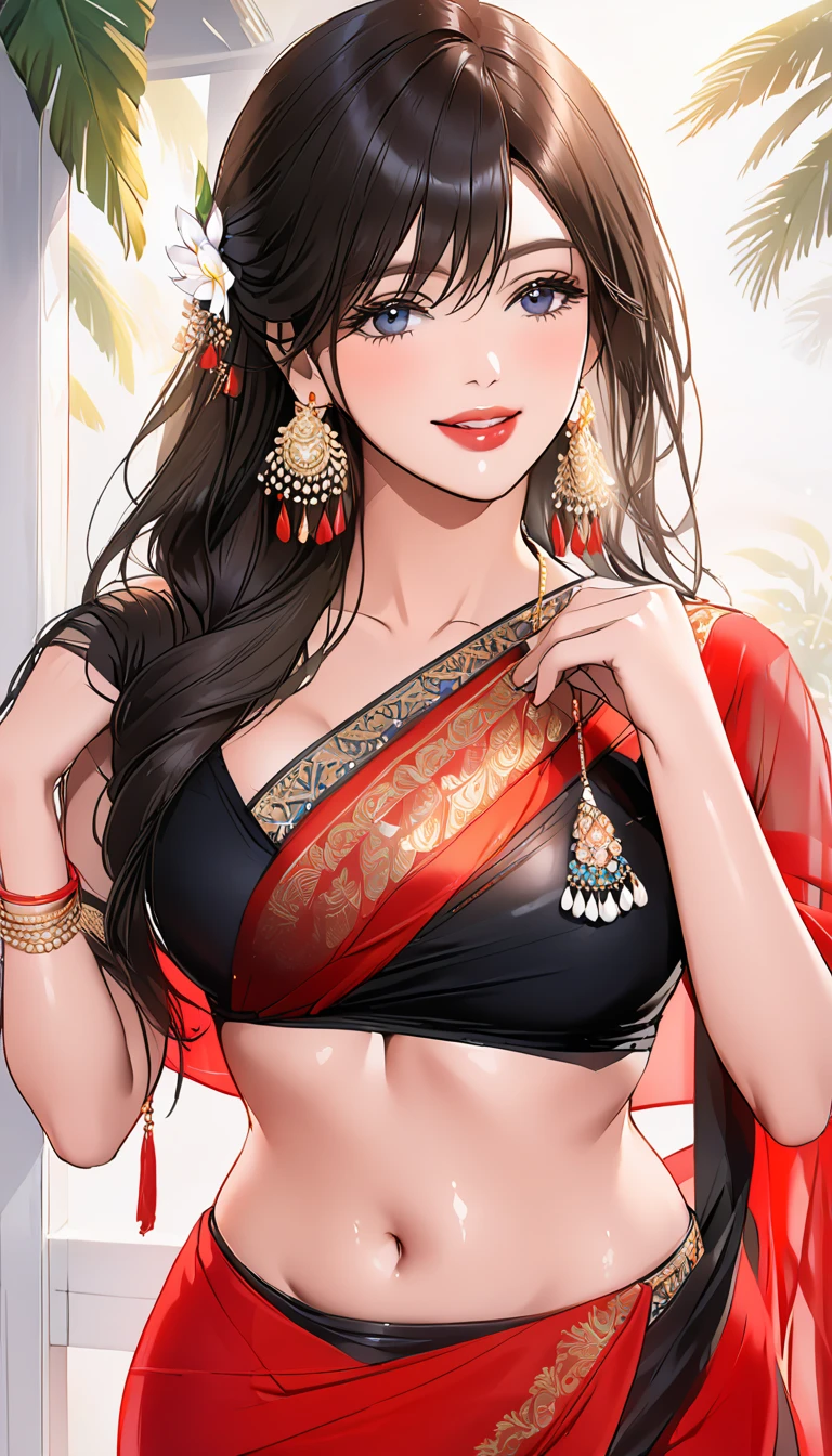 ((1woman, mature, straight hair, wet black saree, big long  jhumka earrings , detailed alluring eyes, smooth detailed lips, beautiful face, smiling ,red lipstick ,navel,bangles,blue ribbon, necklace ,wet hair, poking nipple,see through nipple ,  bulging nipple , Cleavage 