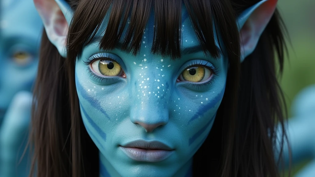 na'vi, na'vi race, avatar, pale teal blue skin, dark brown hair, blue eyes, straight brown hair with bangs, long bangs, bangs covering forehead, no eyebrows, lots of blue stripes and facial markings