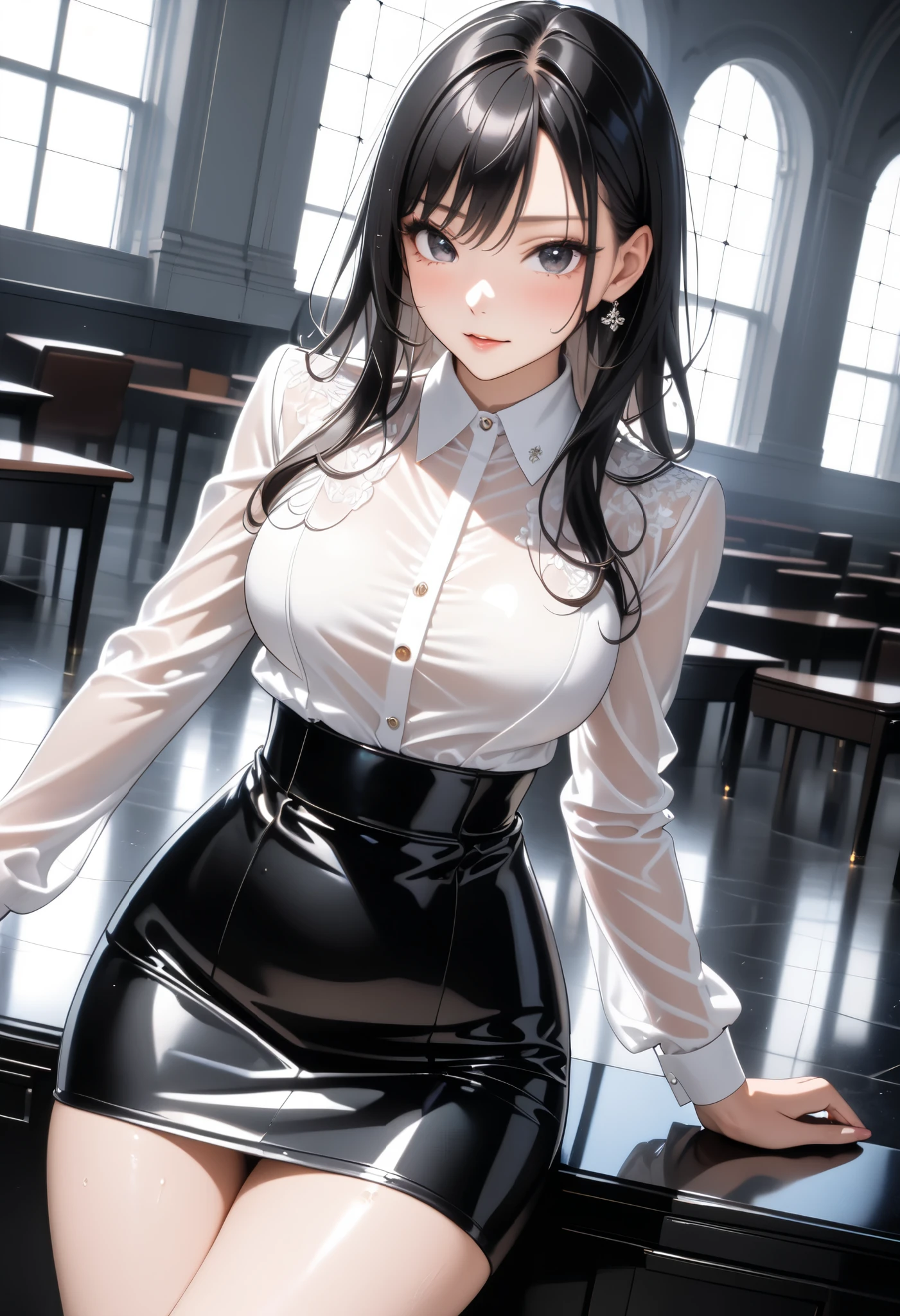 (highest quality, 4K, High resolution, masterpiece:1.2), gigantic_, Super detailed, portrait, bright colors, soft lighting, ((1 female, female teacher, adult sex eal)), super cute face, (red:1.2, very long hair Glasses), sexy po detailed eyes and lips, beautiful face, laid-back vibes, Golden Highlights, delicate features, body art, playful expression, ((black office dress, white shirt, black tight skirt, 40 denier stockings:1.5, high heels)), natural makeup, long eyelashes, shiny hair, asymmetrical bangs, cute face, beautiful and fine eyes, beautiful clavicle, beautiful body, beautiful breasts, bl thighs, bright smile, Teasing gaze, provocative, erotic, attractive elegance, attractive, attractive curve, Artistic composition, Gentle curves, facing the front, In the school corridor, Seductive thighs, looking at me, center image, Subtle sensuality, subtle makeup, soft tones, russian women with gigantic natural breasts, tall female, r