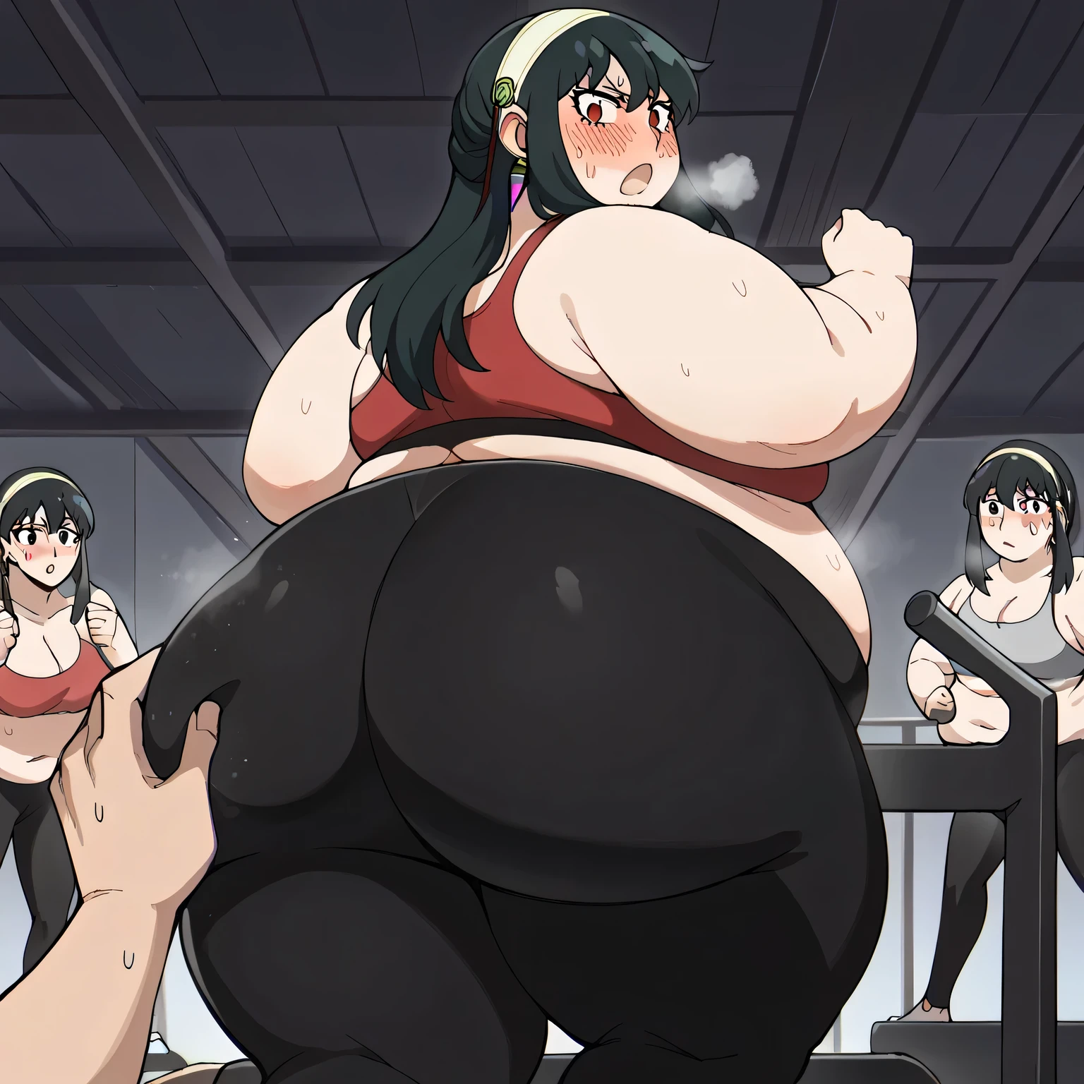 score_9, score_8_up, score_7_up, source_anime, yorbriar, yor briar, black hair, red eyes, earrings, white hairband, hairband, long hair, sidelocks, medium breasts,, treadmill, exercising, exercise machine, running,, yoga pants, sports bra, steam, open mouth, sweat, blush, gym,, cowboy shot,huge ass, fat, chubby, obese, open mouth, out of breath, absurdres, highres icon, rating:General, confused, blush,, {flustered}, nervous sweating, portrait, pov ass, hand on another's ass, averting eyes, [looking away], straight-on, from behind, swollen face, bulging belly, looking back at viewer, ass grab, masterpiece, best quality, ultra-detailed, high resolution, 8K, 