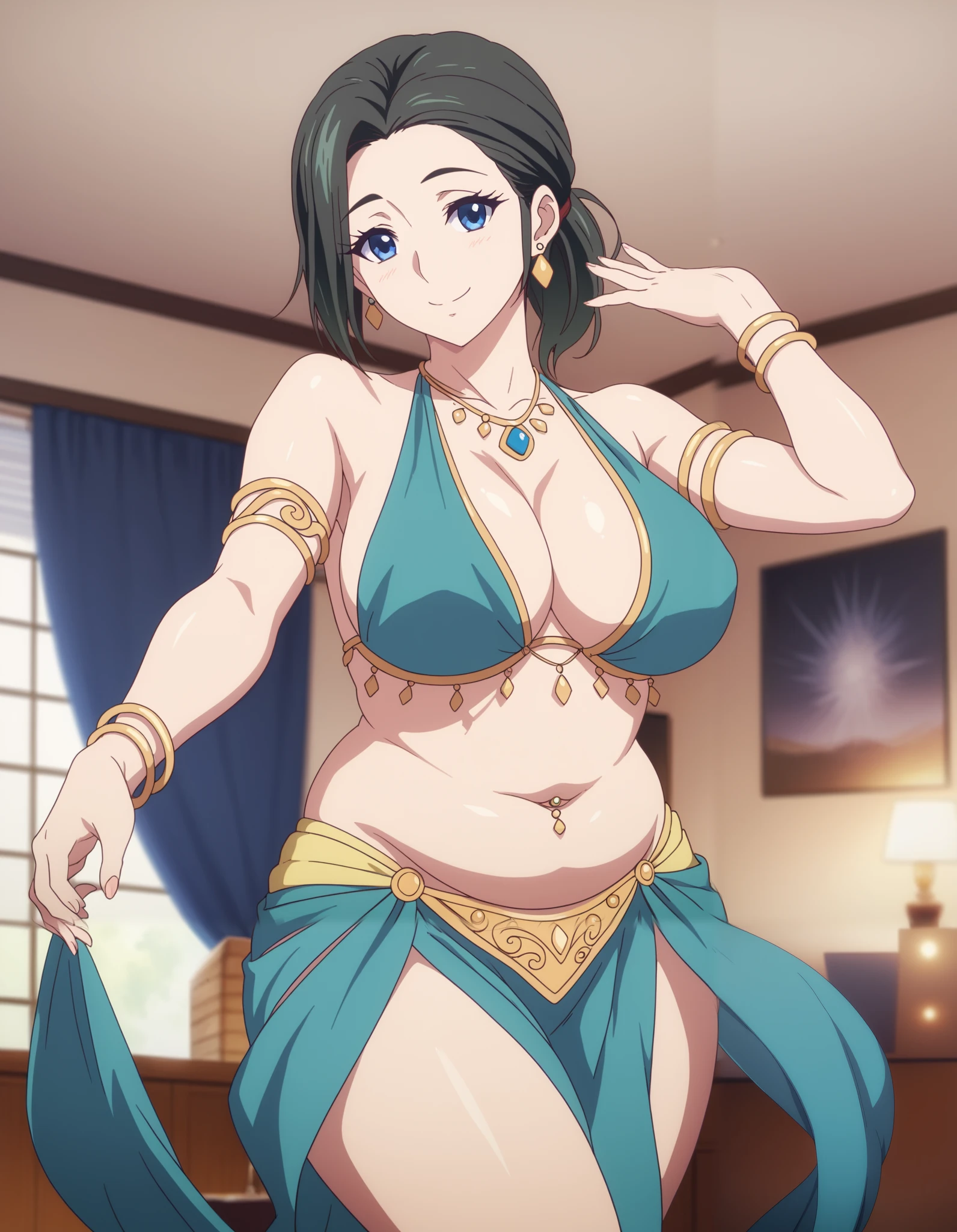 score_9, score_8_up, score_7_up, source_anime, haruhiko mother, blue eyes, short ponytail, black hair, massive 99cm long breasts, beautiful, chubby, curvy, thick, cute, belly dancer outfit, earrings, necklace, bracelets, anklets, pelvic curtaon and beautiful jewelled naval piercing. smile, solo,, dutch angle, cowboy shot. Shes inside the living room of her house, bellydancing and undulating her belly making it ripple whilst looking content.